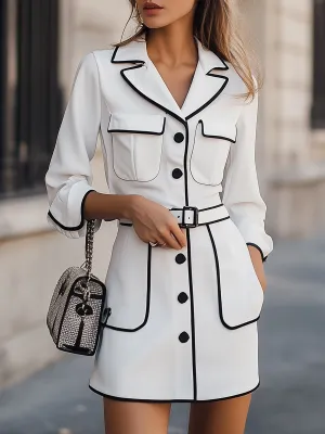 White Belted Mini Shirt Dress with Black Trim
