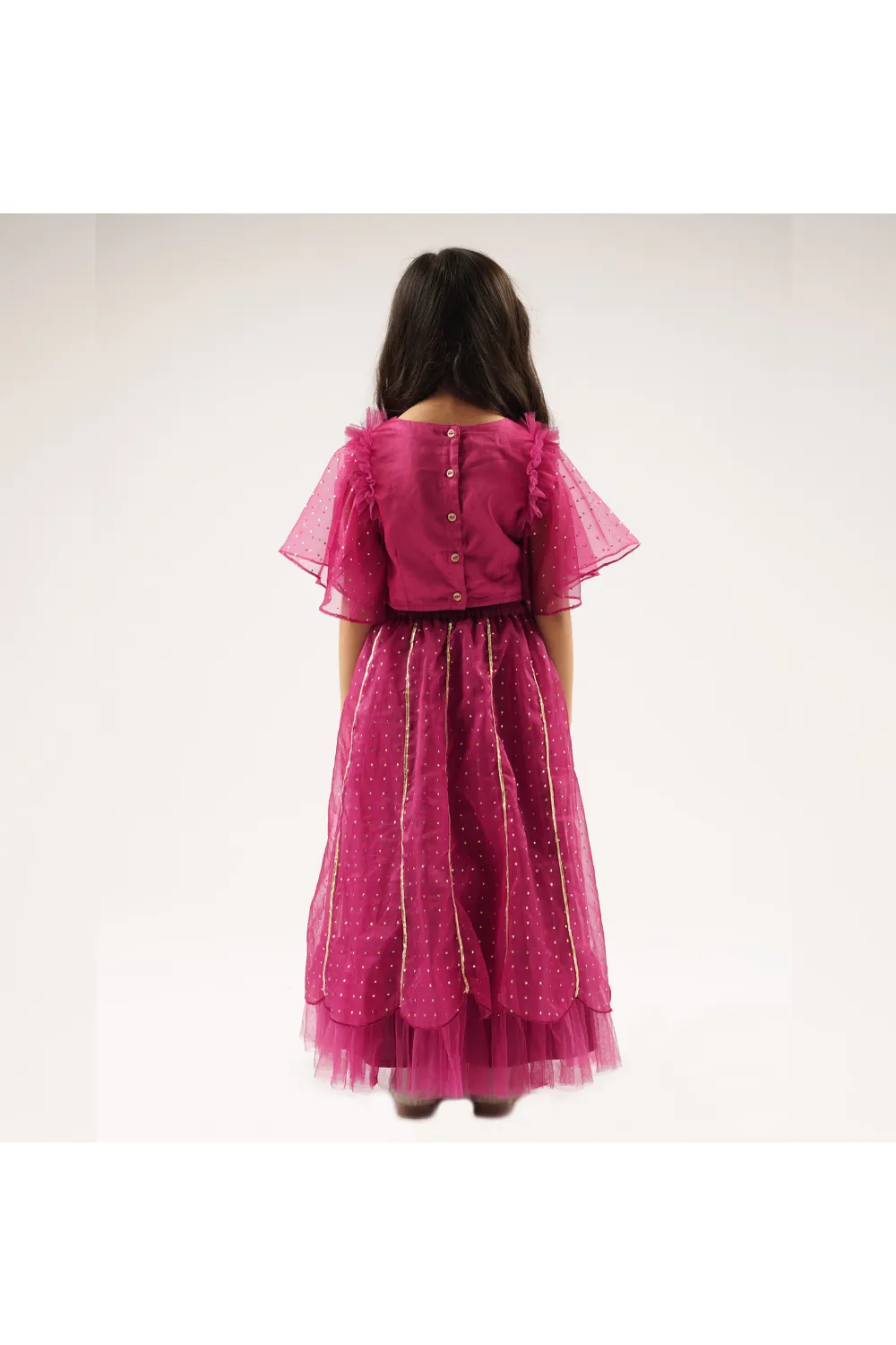 Wine Ruffled Sleeved Cotton Satin Top With Lehenga Set