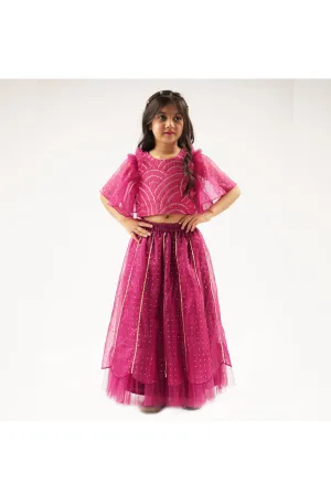 Wine Ruffled Sleeved Cotton Satin Top With Lehenga Set