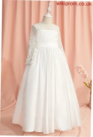 With Flower Sleeves Girl Dress Floor-length Back Ball-Gown/Princess Long - Satin Karina Flower Girl Dresses Scoop Lace/V Neck