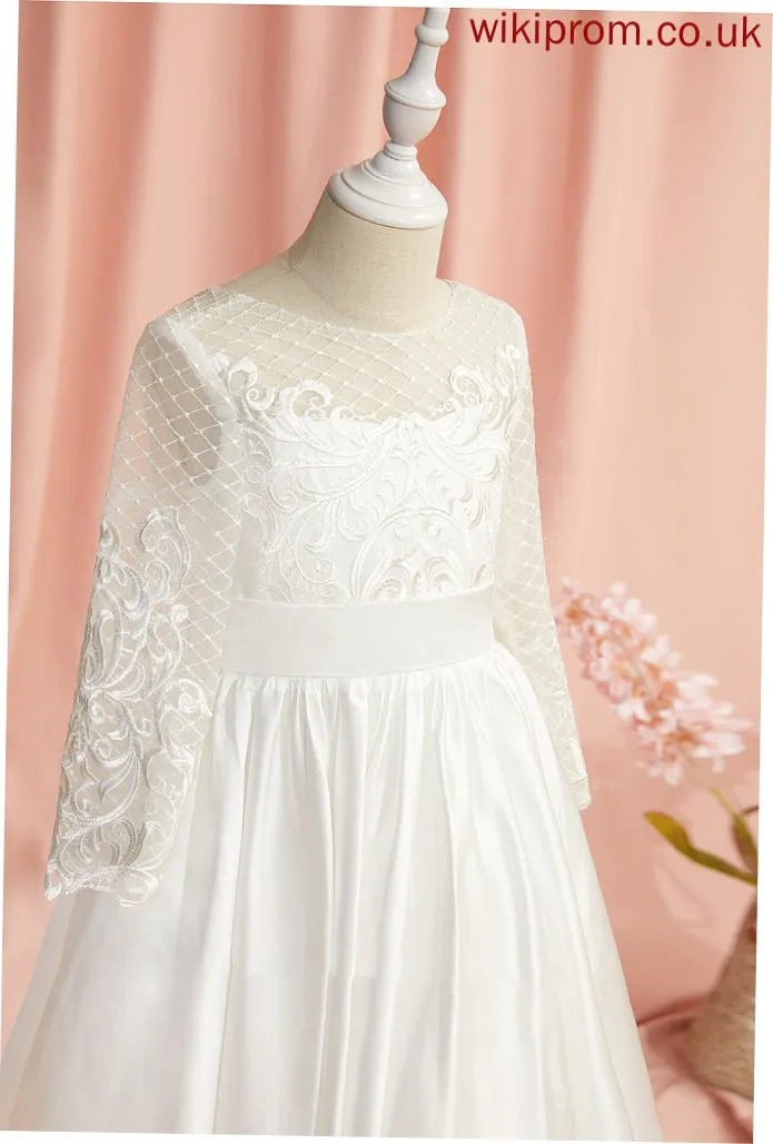 With Flower Sleeves Girl Dress Floor-length Back Ball-Gown/Princess Long - Satin Karina Flower Girl Dresses Scoop Lace/V Neck