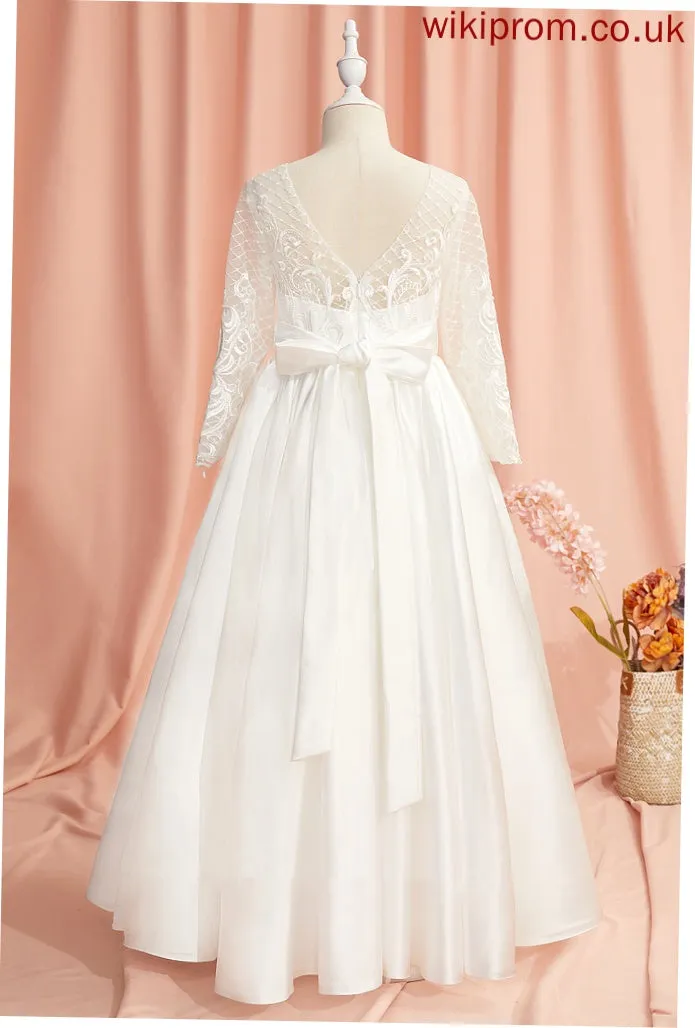 With Flower Sleeves Girl Dress Floor-length Back Ball-Gown/Princess Long - Satin Karina Flower Girl Dresses Scoop Lace/V Neck