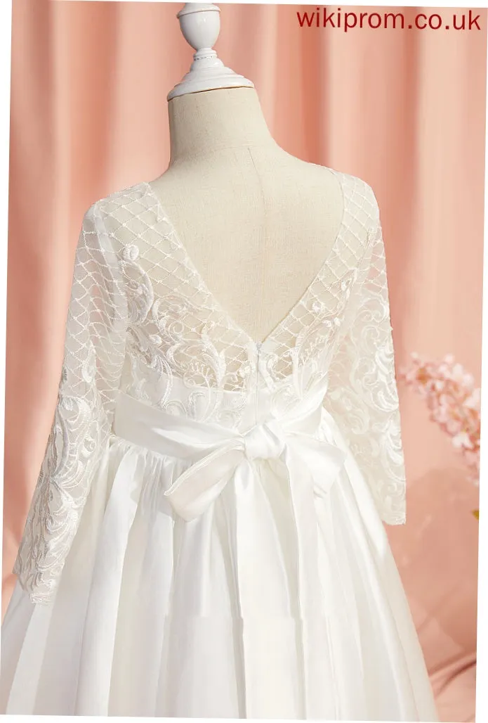 With Flower Sleeves Girl Dress Floor-length Back Ball-Gown/Princess Long - Satin Karina Flower Girl Dresses Scoop Lace/V Neck