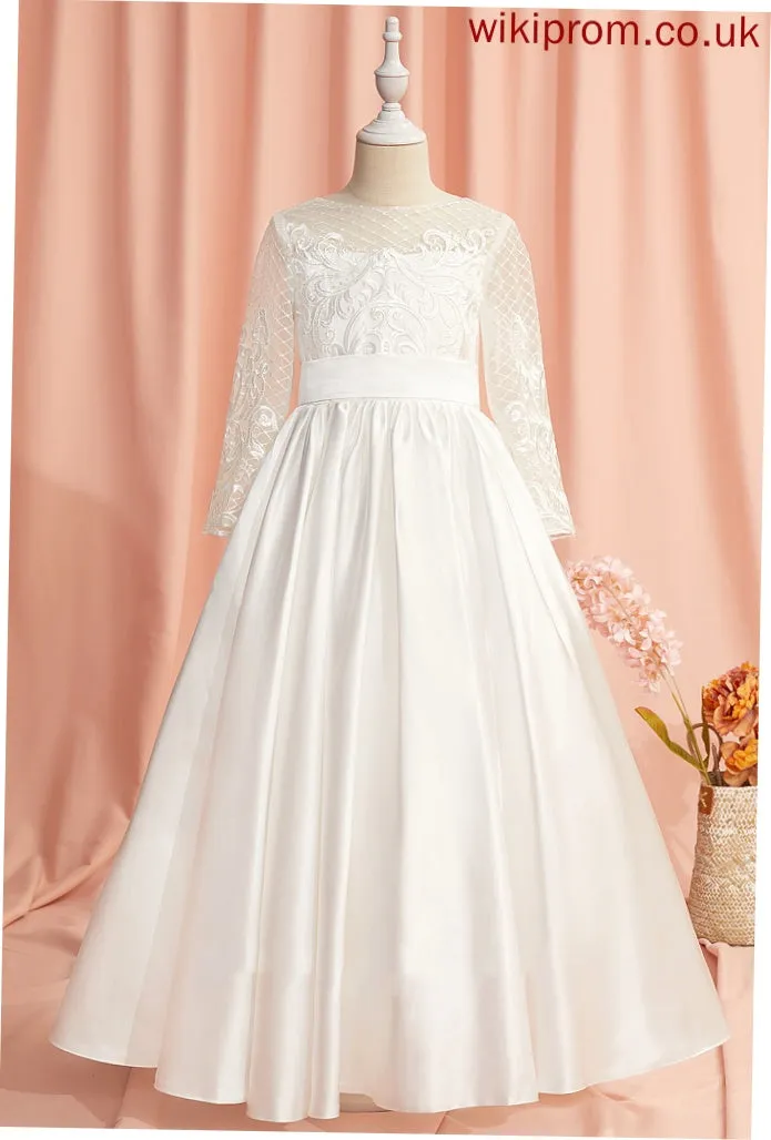 With Flower Sleeves Girl Dress Floor-length Back Ball-Gown/Princess Long - Satin Karina Flower Girl Dresses Scoop Lace/V Neck