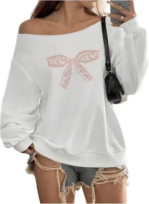 Women's Off The Shoulder Sweatshirt Tops Graphic Long Sleeve Loose Pullover Fall Tops Trendy