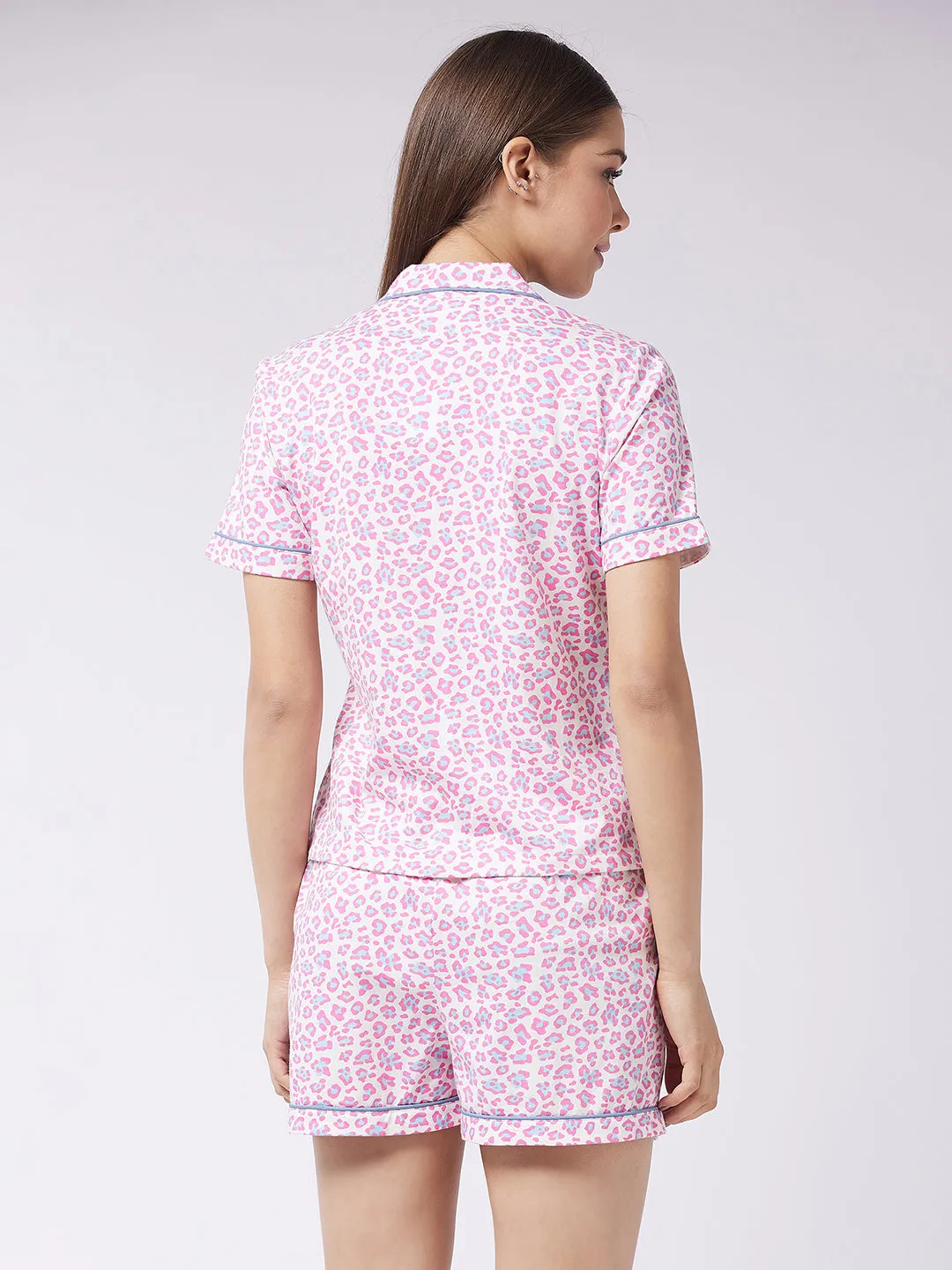 Women's Off white Round Neck Short Sleeves Printed Regular Shorts Set