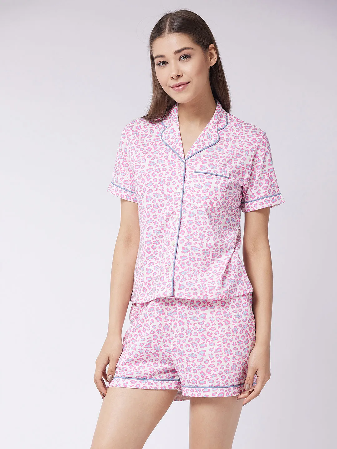 Women's Off white Round Neck Short Sleeves Printed Regular Shorts Set