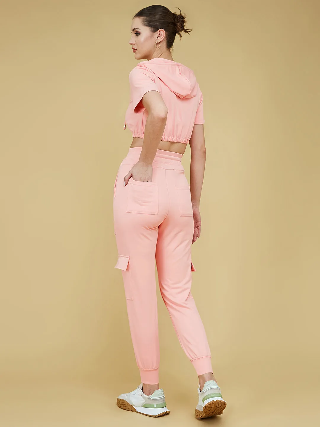 Women's Peach Round Short Polyester Solid Crop Regular Co-ord Set