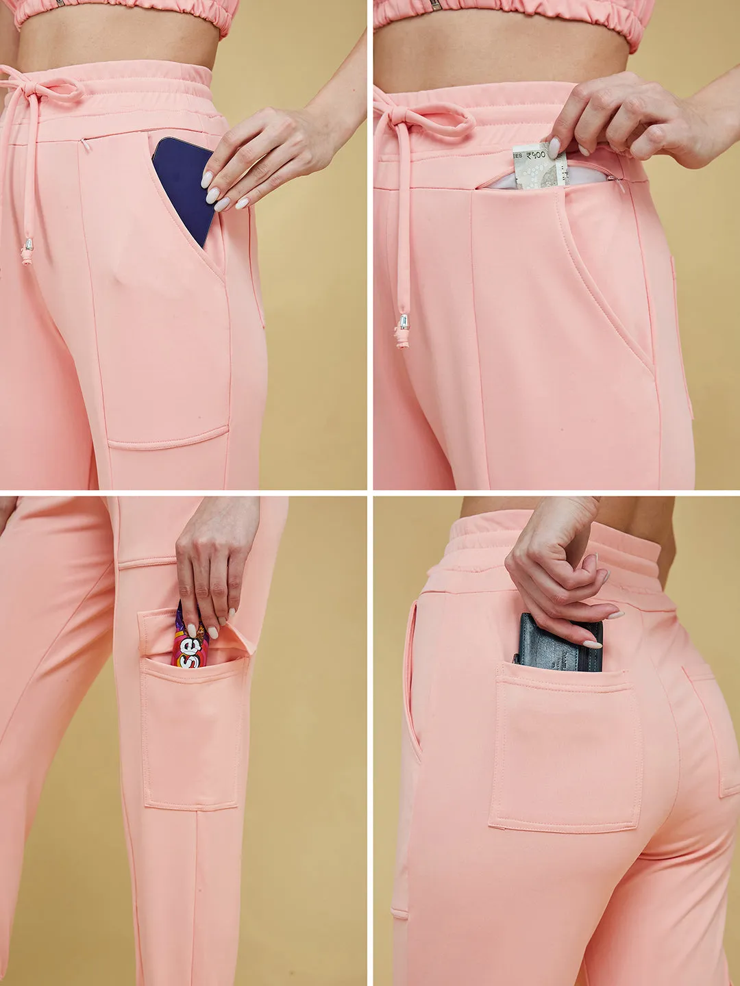 Women's Peach Round Short Polyester Solid Crop Regular Co-ord Set
