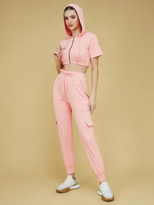 Women's Peach Round Short Polyester Solid Crop Regular Co-ord Set