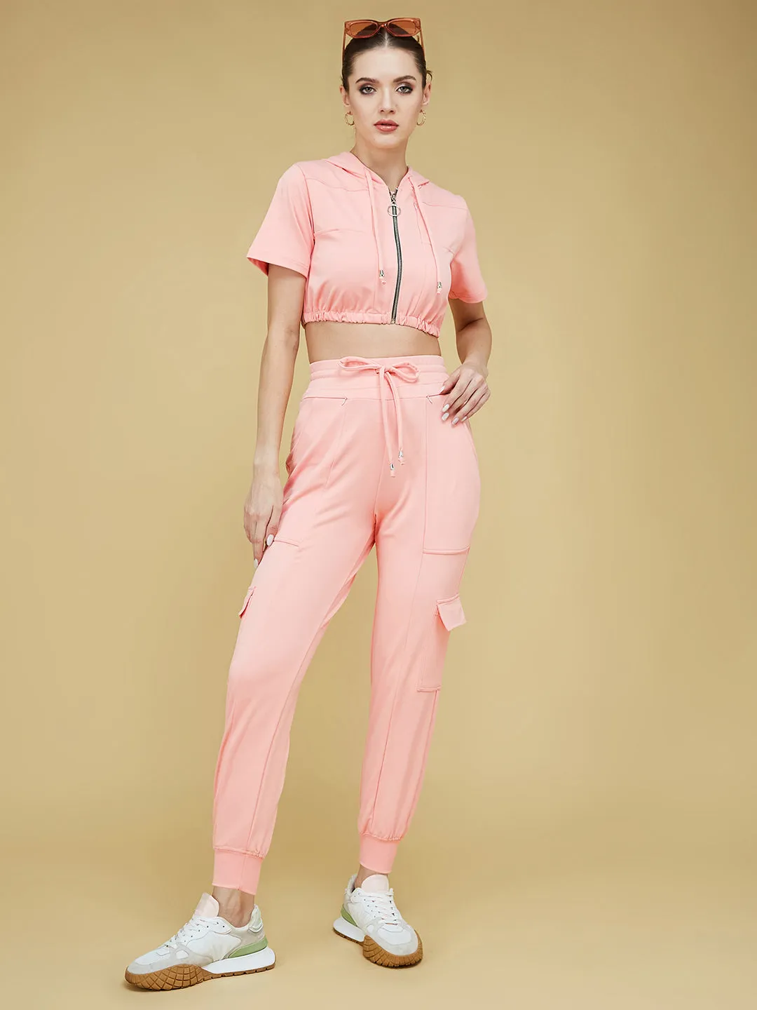 Women's Peach Round Short Polyester Solid Crop Regular Co-ord Set