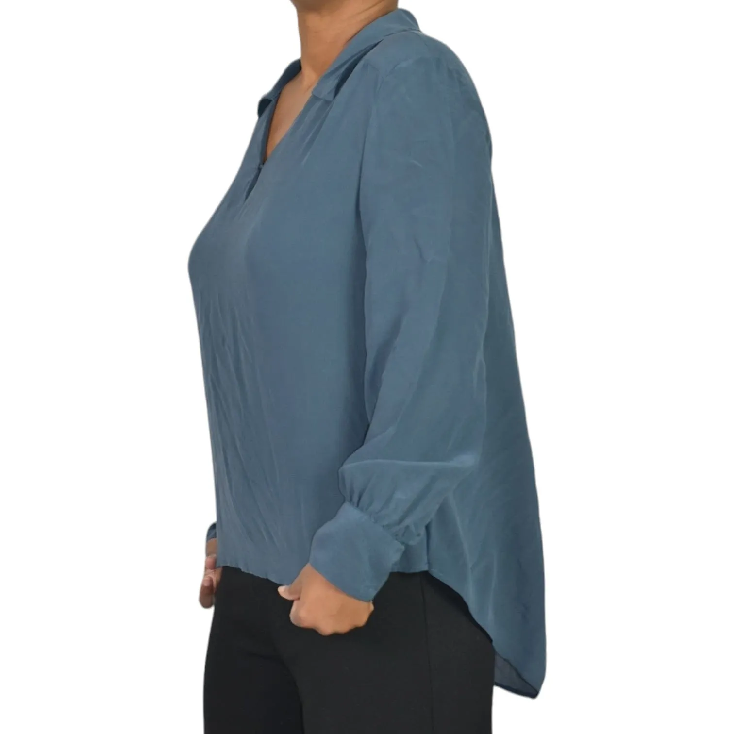 Wrap London Silk Blouse Blue Top Loose Fit Collared Tunic Shirt Muted Neutral Size 10