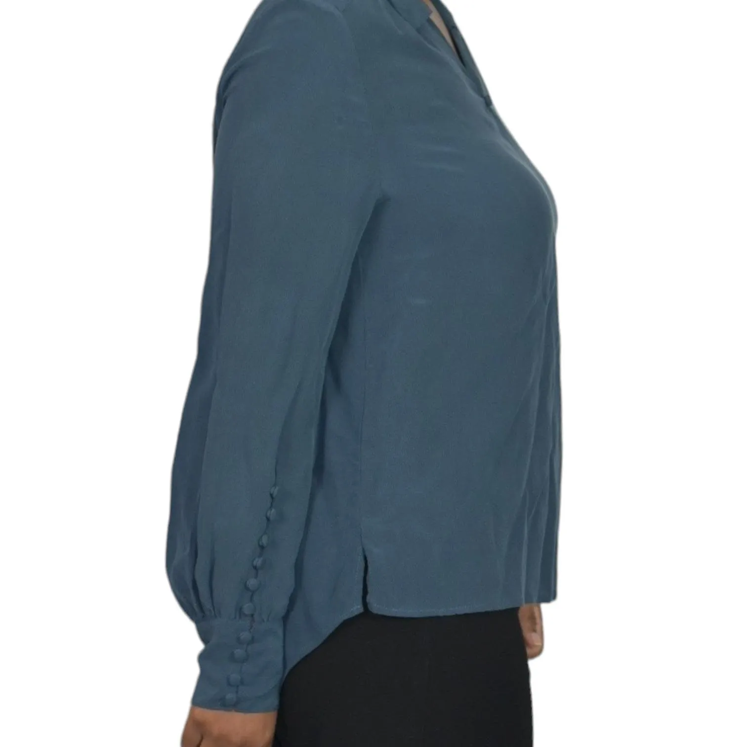Wrap London Silk Blouse Blue Top Loose Fit Collared Tunic Shirt Muted Neutral Size 10