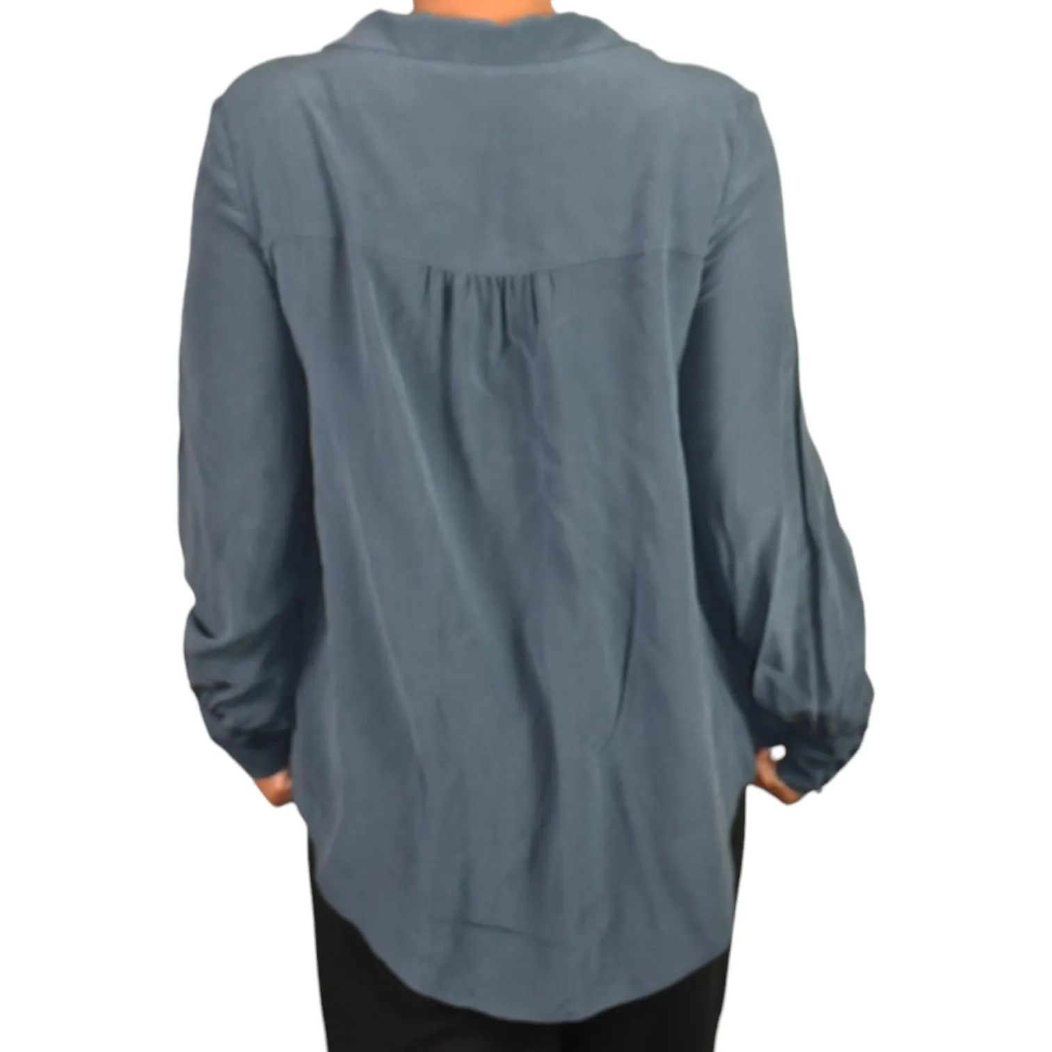 Wrap London Silk Blouse Blue Top Loose Fit Collared Tunic Shirt Muted Neutral Size 10