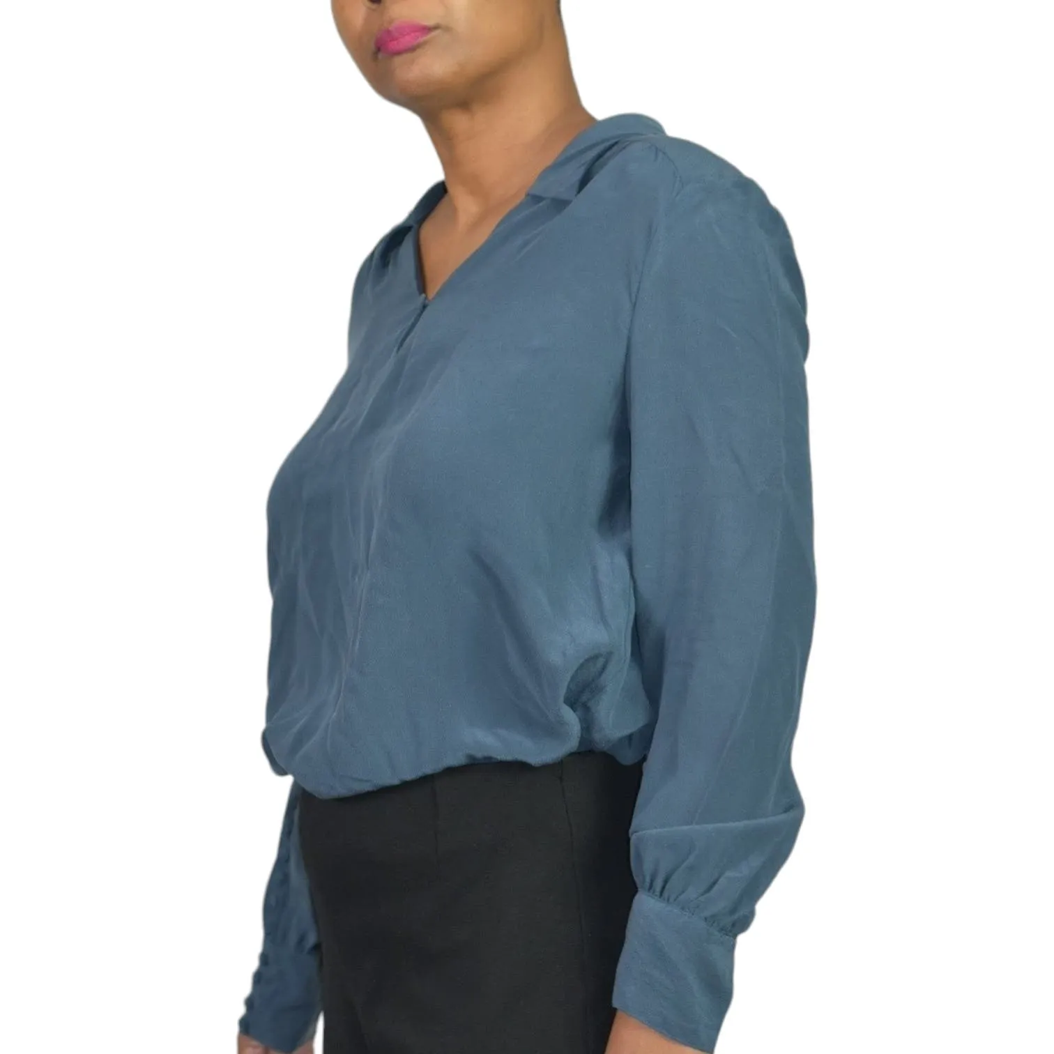 Wrap London Silk Blouse Blue Top Loose Fit Collared Tunic Shirt Muted Neutral Size 10