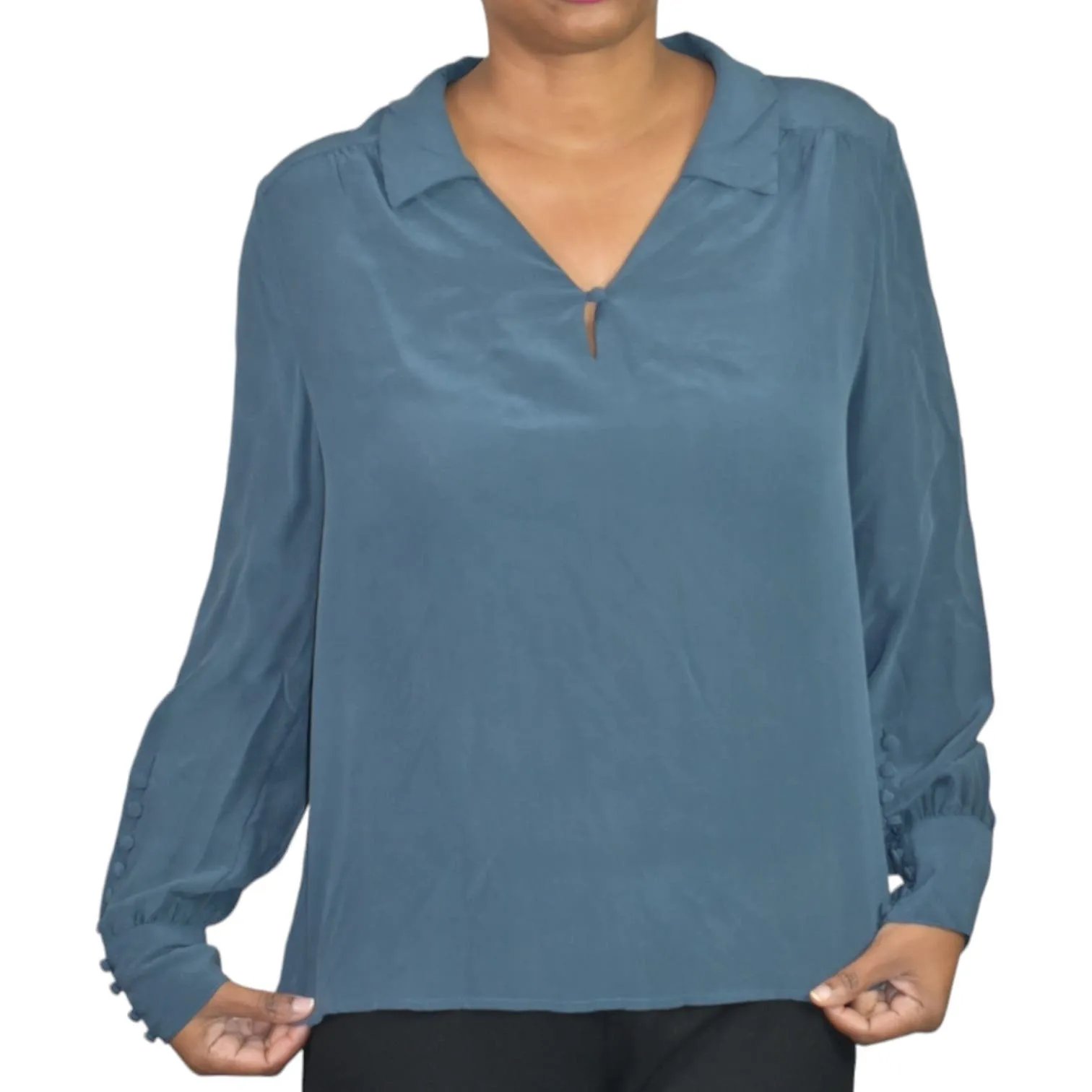 Wrap London Silk Blouse Blue Top Loose Fit Collared Tunic Shirt Muted Neutral Size 10