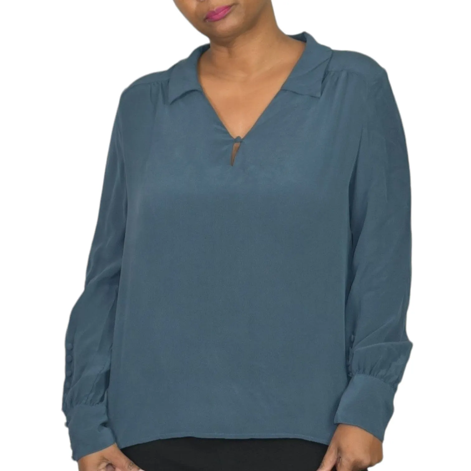 Wrap London Silk Blouse Blue Top Loose Fit Collared Tunic Shirt Muted Neutral Size 10