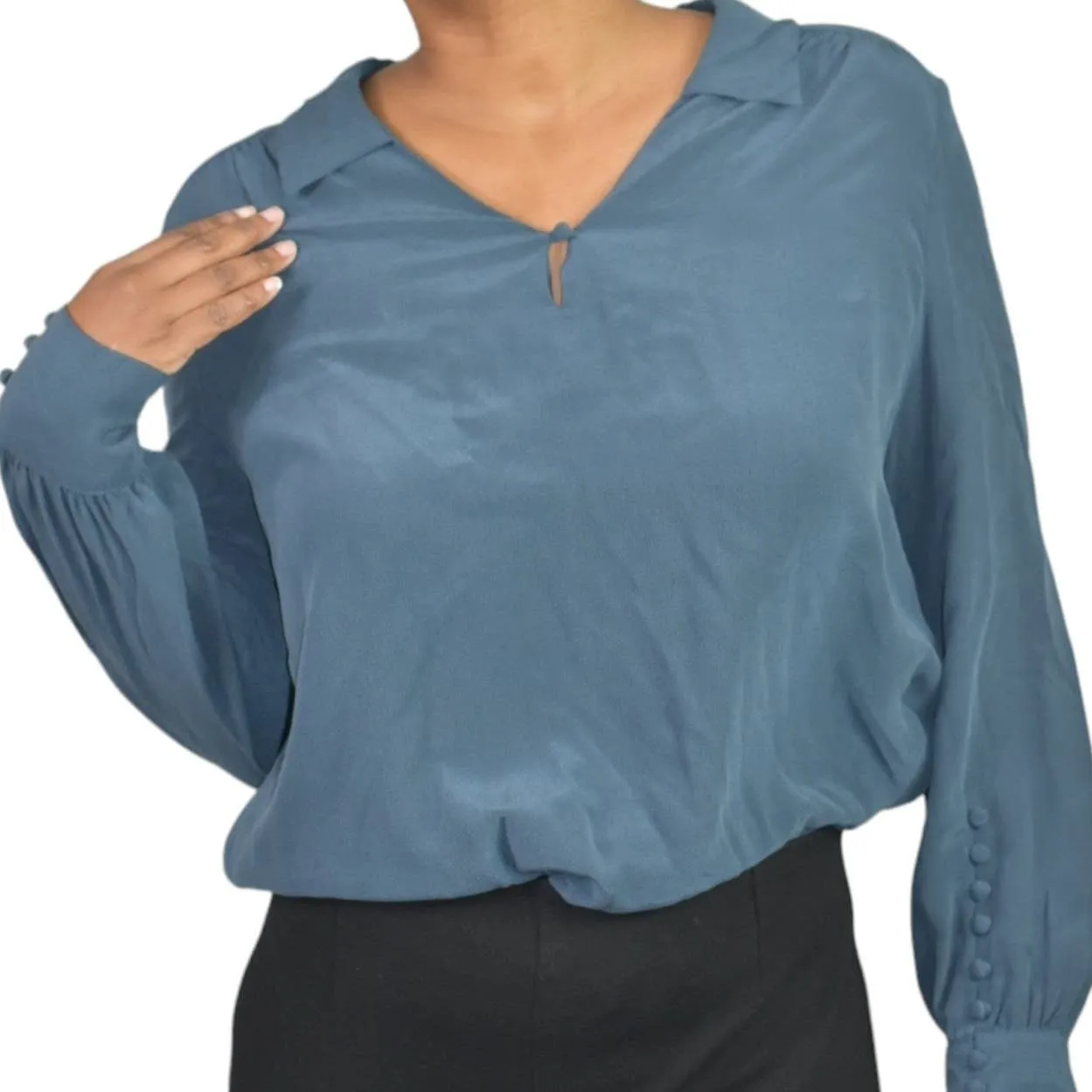Wrap London Silk Blouse Blue Top Loose Fit Collared Tunic Shirt Muted Neutral Size 10