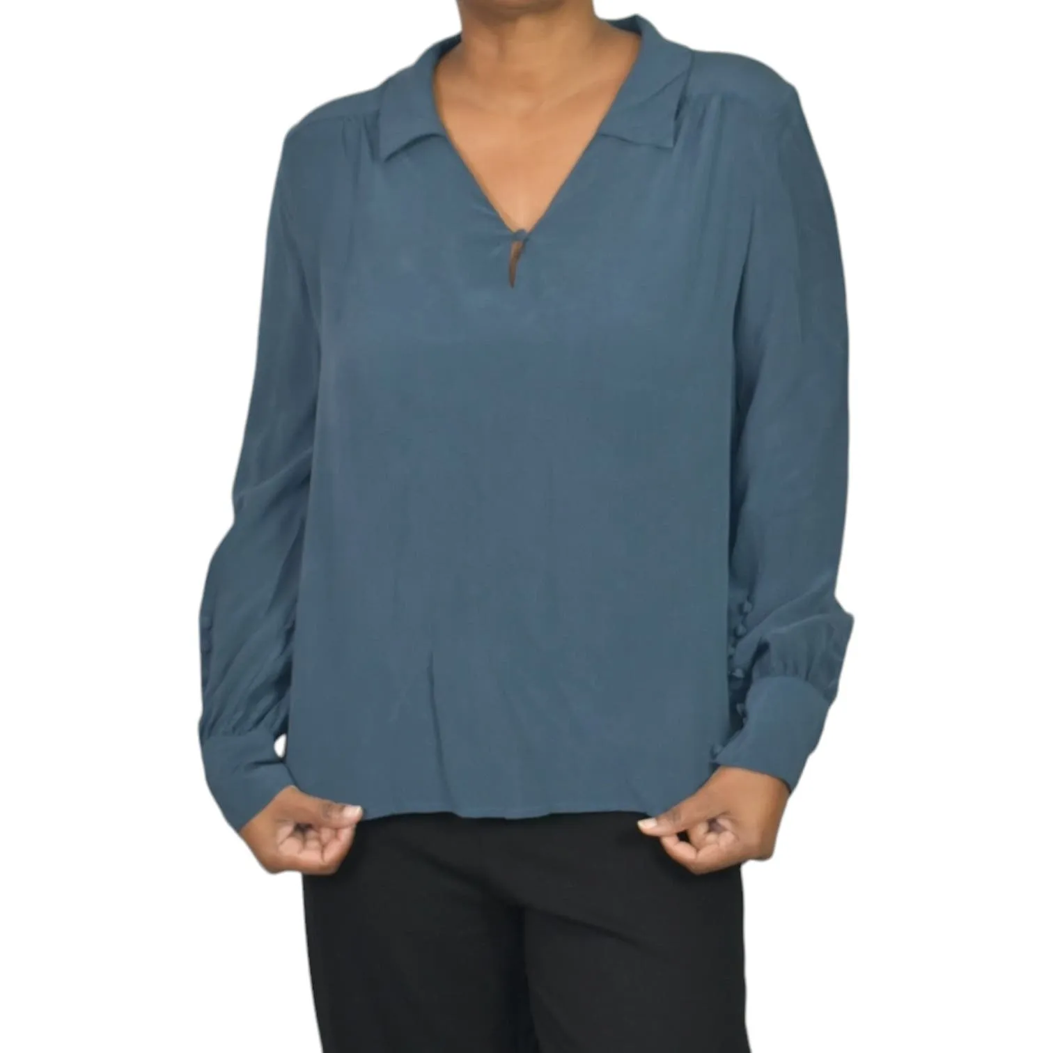 Wrap London Silk Blouse Blue Top Loose Fit Collared Tunic Shirt Muted Neutral Size 10