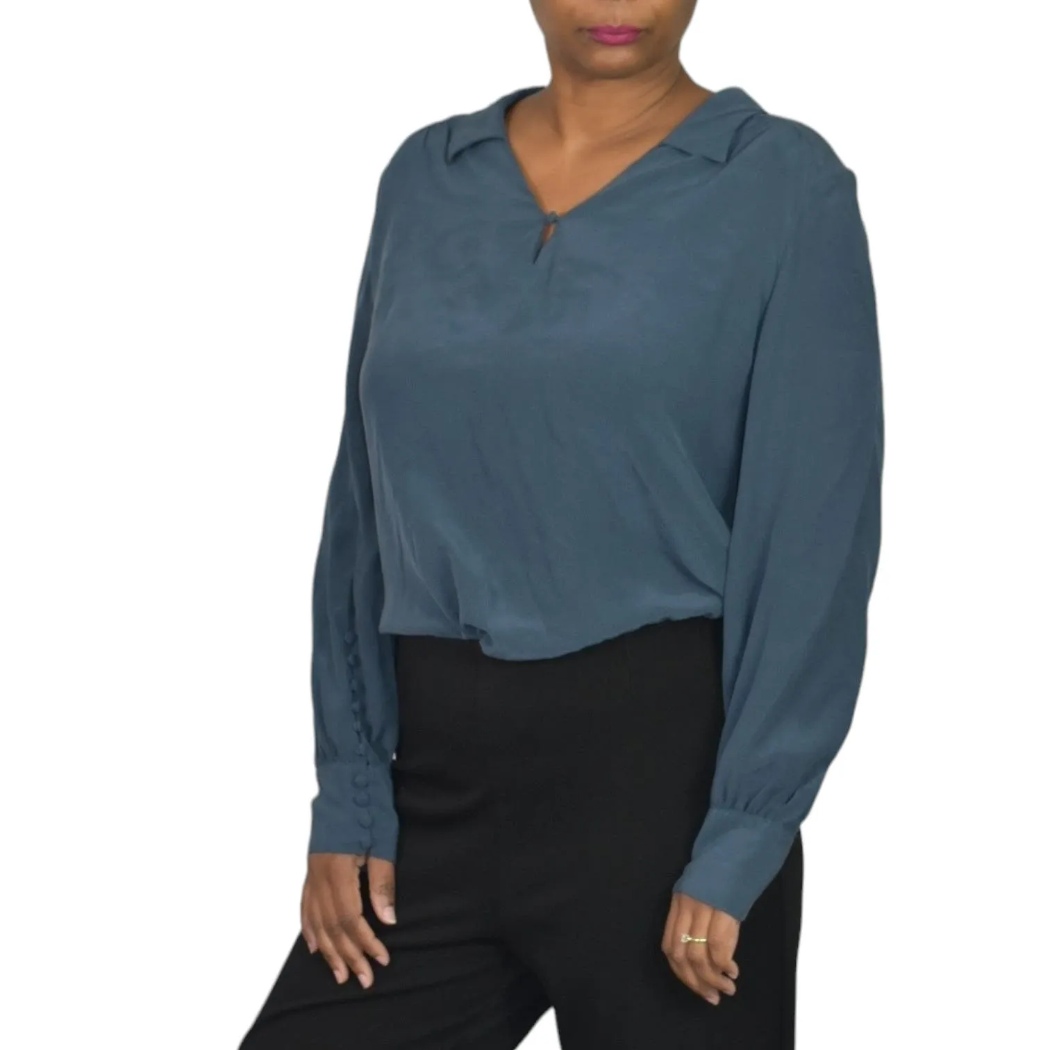 Wrap London Silk Blouse Blue Top Loose Fit Collared Tunic Shirt Muted Neutral Size 10